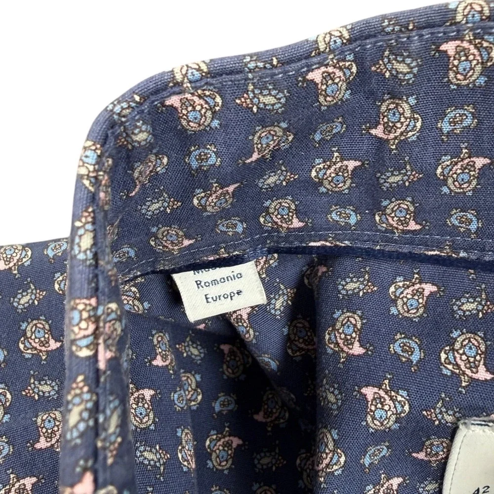 Eton Dress Shirt Mens 16.5 Blue Micro Paisley Slim Fit Poplin Cotton Long Sleeve - Picture 6 of 8